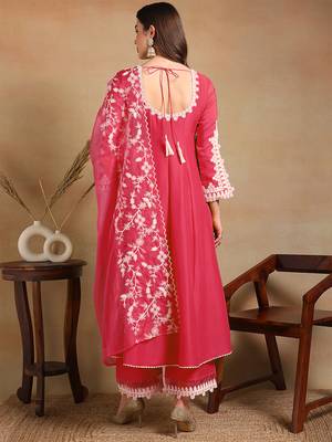 pink color embroidered silk blend styles kurta trouser with dupatta 4