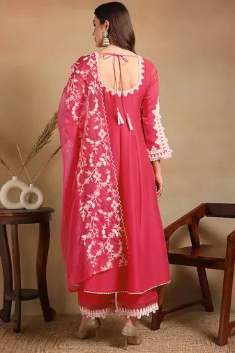 pink color embroidered silk blend styles kurta trouser with dupatta