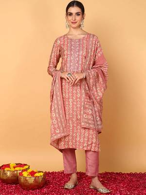 pink color embroidered silk blend styles kurta trouser with dupatta 1
