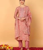 pink color embroidered silk blend styles kurta trouser with dupatta