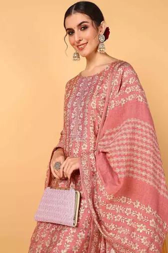 pink color embroidered silk blend styles kurta trouser with dupatta