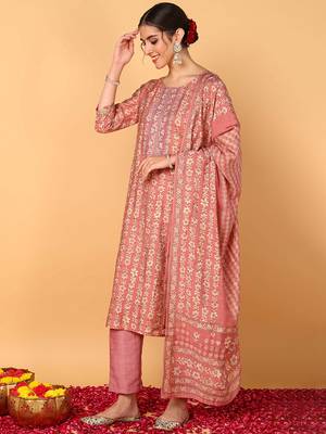 pink color embroidered silk blend styles kurta trouser with dupatta 3
