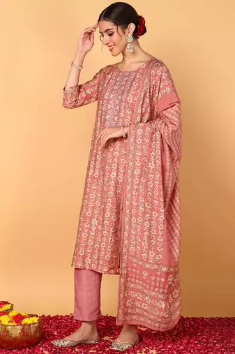 pink color embroidered silk blend styles kurta trouser with dupatta