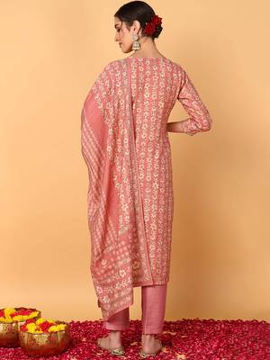 pink color embroidered silk blend styles kurta trouser with dupatta 4