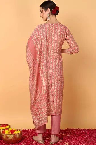 pink color embroidered silk blend styles kurta trouser with dupatta