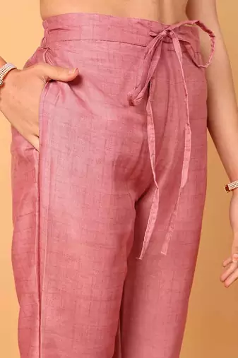 pink color embroidered silk blend styles kurta trouser with dupatta