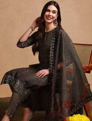 olive color embroidered organza styles kurta trouser with dupatta 1