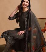 olive color embroidered organza styles kurta trouser with dupatta