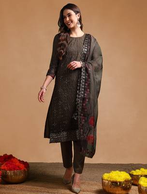olive color embroidered organza styles kurta trouser with dupatta 2