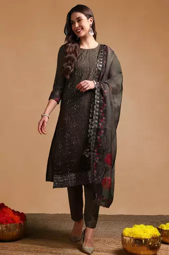olive color embroidered organza styles kurta trouser with dupatta