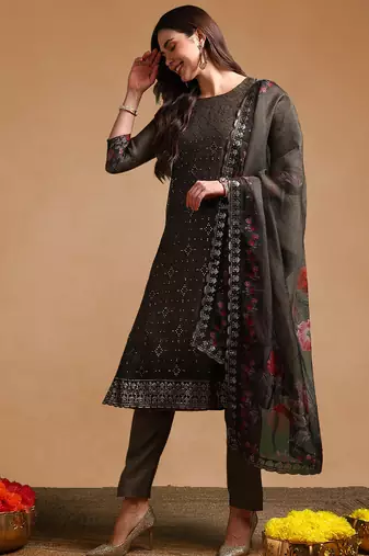 olive color embroidered organza styles kurta trouser with dupatta
