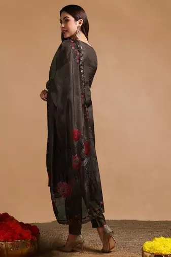 olive color embroidered organza styles kurta trouser with dupatta
