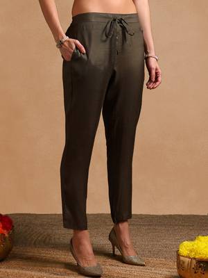 olive color embroidered organza styles kurta trouser with dupatta 5