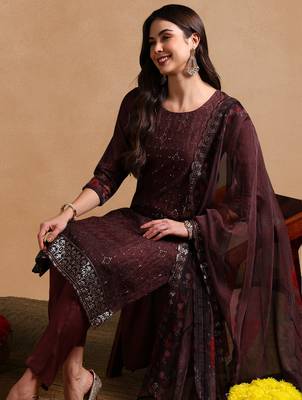 brown color embroidered organza styles kurta trouser with dupatta 1
