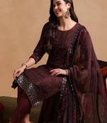 brown color embroidered organza styles kurta trouser with dupatta