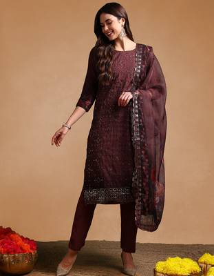 brown color embroidered organza styles kurta trouser with dupatta 2
