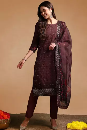 brown color embroidered organza styles kurta trouser with dupatta