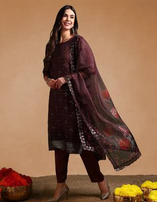brown color embroidered organza styles kurta trouser with dupatta 3