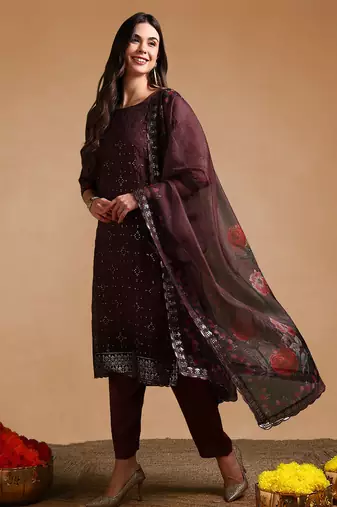 brown color embroidered organza styles kurta trouser with dupatta