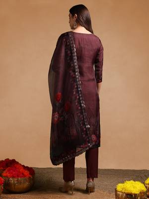 brown color embroidered organza styles kurta trouser with dupatta 4