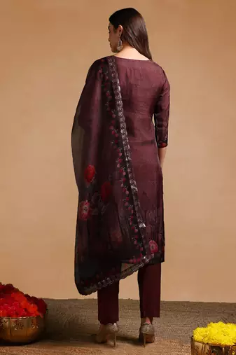 brown color embroidered organza styles kurta trouser with dupatta