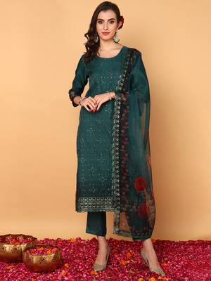 green color embroidered organza styles kurta trouser with dupatta 1