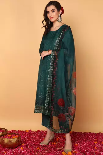 green color embroidered organza styles kurta trouser with dupatta