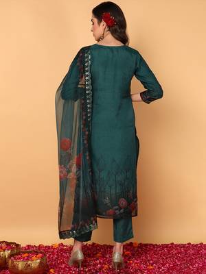 green color embroidered organza styles kurta trouser with dupatta 4