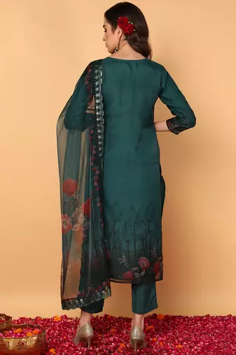 green color embroidered organza styles kurta trouser with dupatta