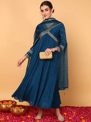 blue color embroidered silk blend styles kurta trouser with dupatta 1