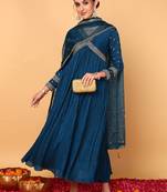 blue color embroidered silk blend styles kurta trouser with dupatta