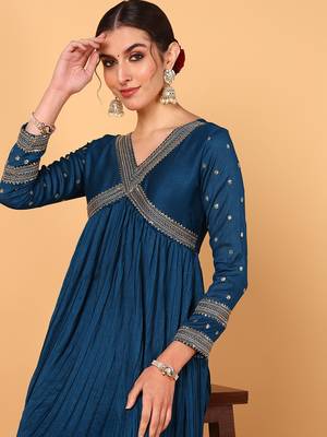 blue color embroidered silk blend styles kurta trouser with dupatta 2