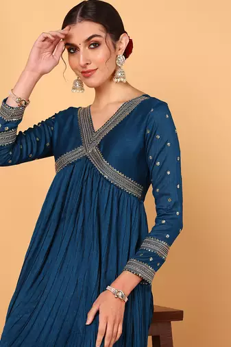 blue color embroidered silk blend styles kurta trouser with dupatta