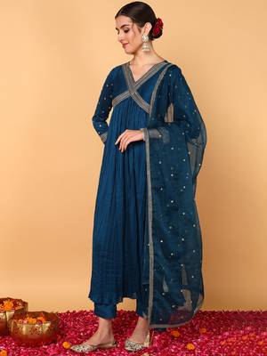 blue color embroidered silk blend styles kurta trouser with dupatta 3