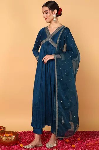 blue color embroidered silk blend styles kurta trouser with dupatta
