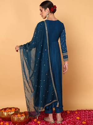 blue color embroidered silk blend styles kurta trouser with dupatta 4