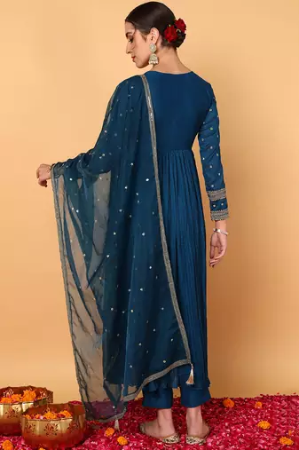 blue color embroidered silk blend styles kurta trouser with dupatta