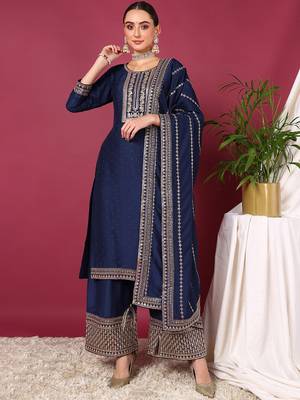 blue color embroidered silk blend styles kurta palazzo with dupatta 1
