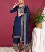 blue color embroidered silk blend styles kurta palazzo with dupatta
