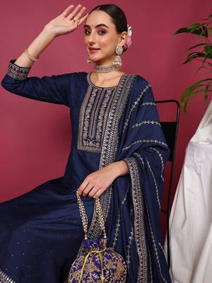 blue color embroidered silk blend styles kurta palazzo with dupatta 2