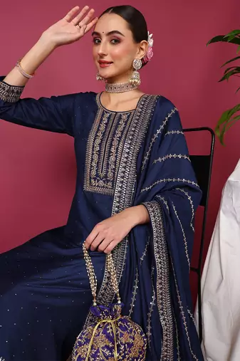 blue color embroidered silk blend styles kurta palazzo with dupatta