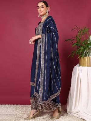 blue color embroidered silk blend styles kurta palazzo with dupatta 3