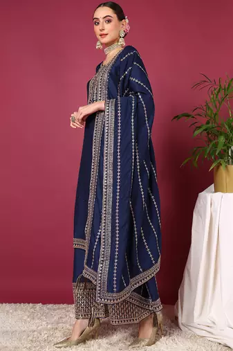 blue color embroidered silk blend styles kurta palazzo with dupatta