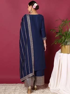blue color embroidered silk blend styles kurta palazzo with dupatta 4