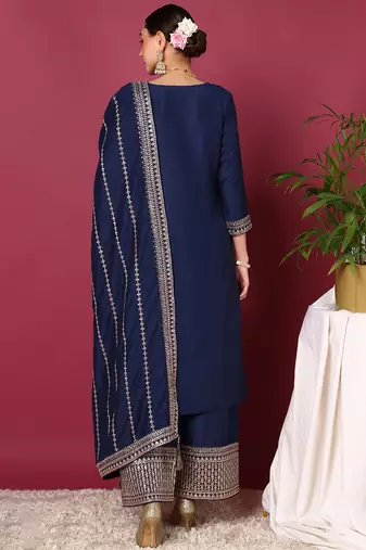 blue color embroidered silk blend styles kurta palazzo with dupatta