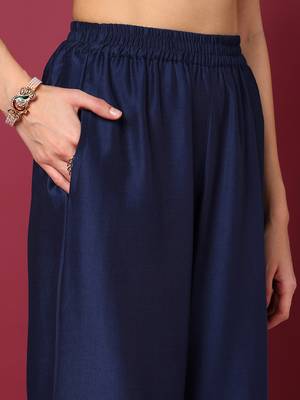 blue color embroidered silk blend styles kurta palazzo with dupatta 5