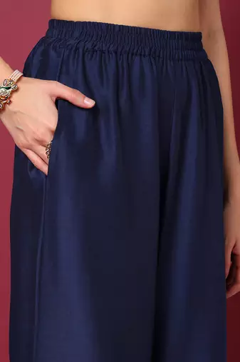 blue color embroidered silk blend styles kurta palazzo with dupatta