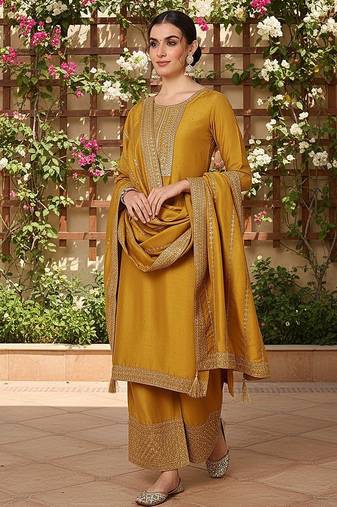 mustard color embroidered silk blend styles kurta palazzo with dupatta