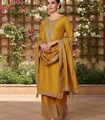 mustard color embroidered silk blend styles kurta palazzo with dupatta