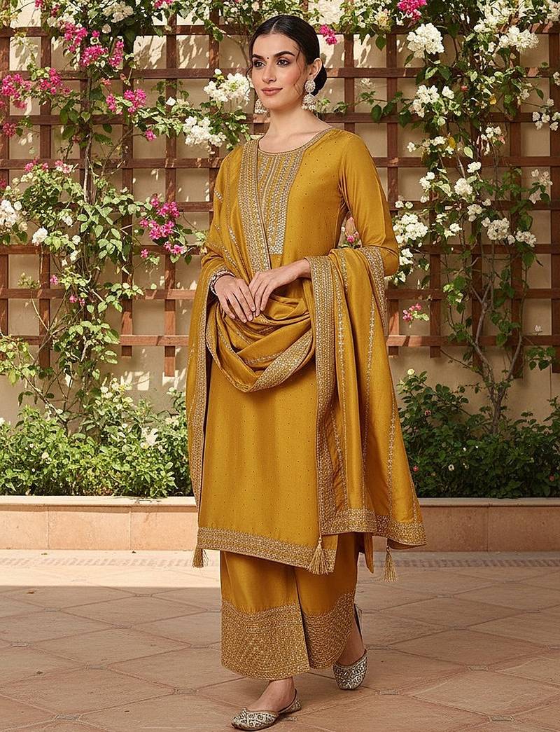 mustard color embroidered silk blend styles kurta palazzo with dupatta